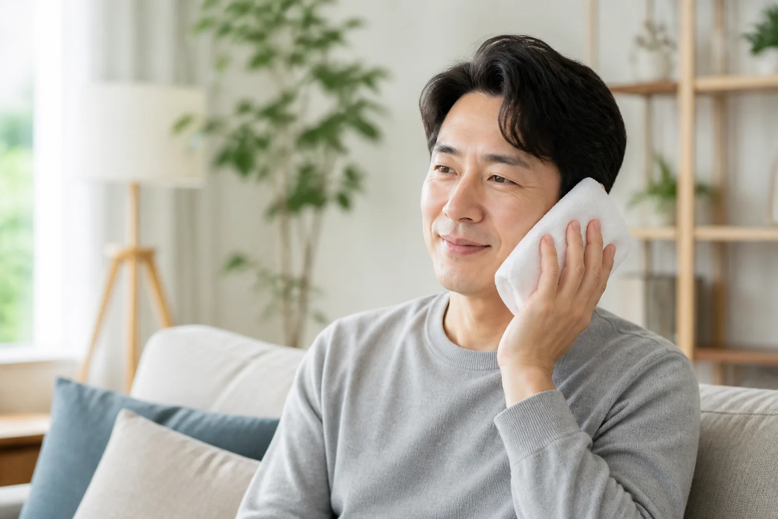 수술 후 볼 바깥쪽에 수건으로 감싼 냉찜질팩을 대고 쉬는 모습