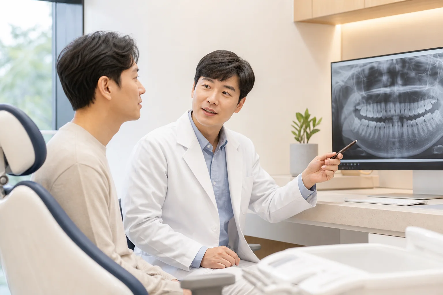 걸포탑치과에서 임플란트 수술 후 경과와 관리 방법을 설명하는 상담 이미지